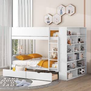 White Full over Full Wood Bunk Bed with Multi-Layer Cabinet, 2-Drawer