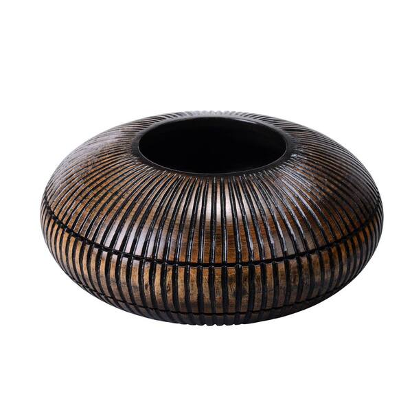 Villacera 4 in. x 10 in. Black Handmade Short Flat Mango Wood Decorative Vase