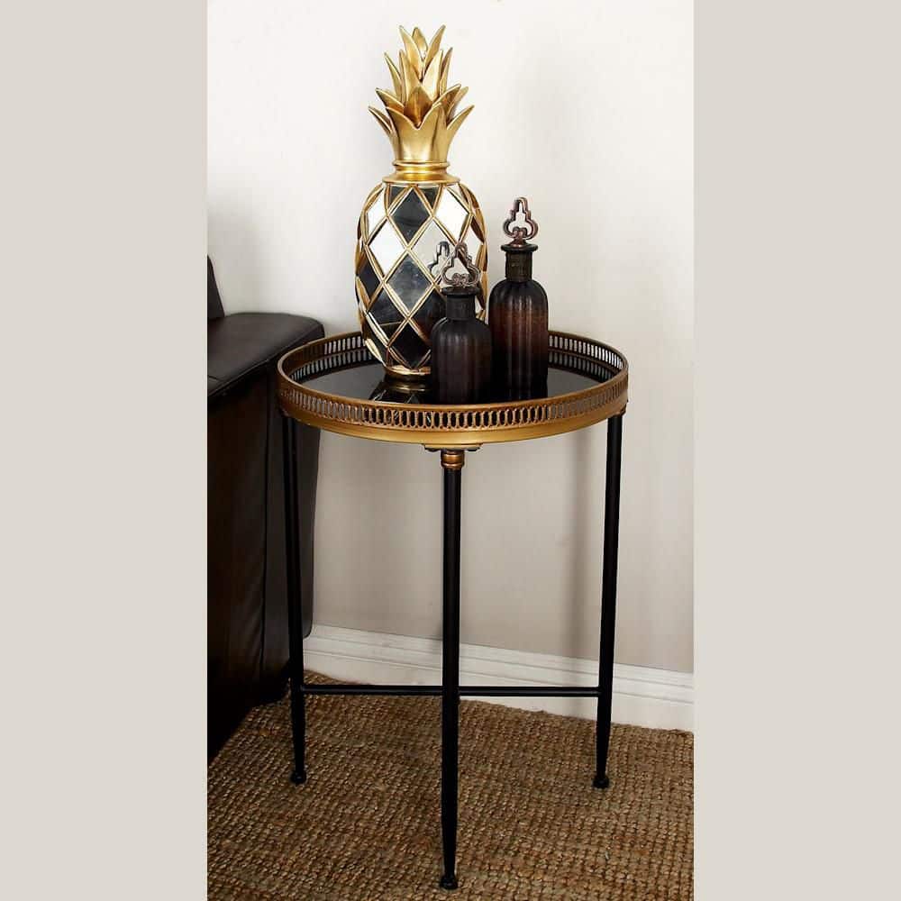 18 in. Black Large Round Marble End Accent Table with Tray Top