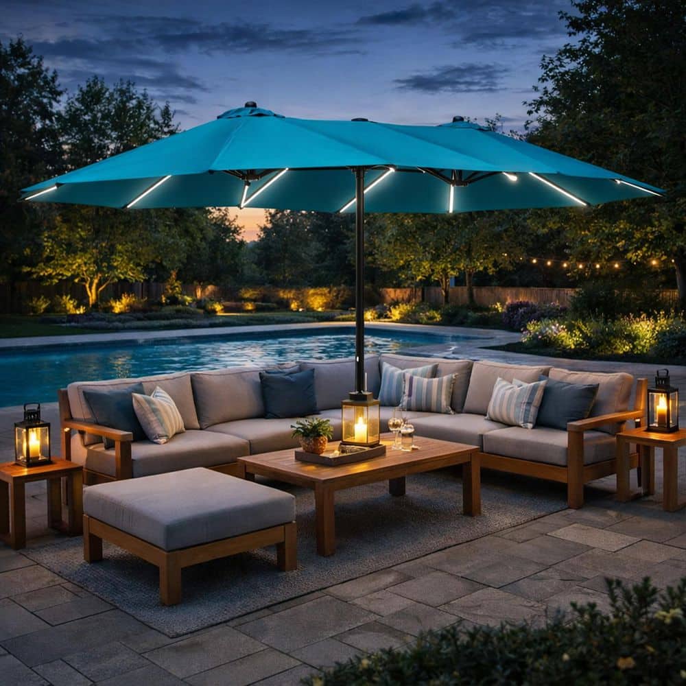blain's patio umbrella Blissun 6.5ft with Push Button Tilt & Height Adjustable, UV50+ Sun Protection with Sturdy Fiberglass Ribs & Iron Pole, Market Umbrella for Outdoor Table Garden Backyard Beach, Black stabilized polymer for long Kozyard 15 ft. Rectangle Patio