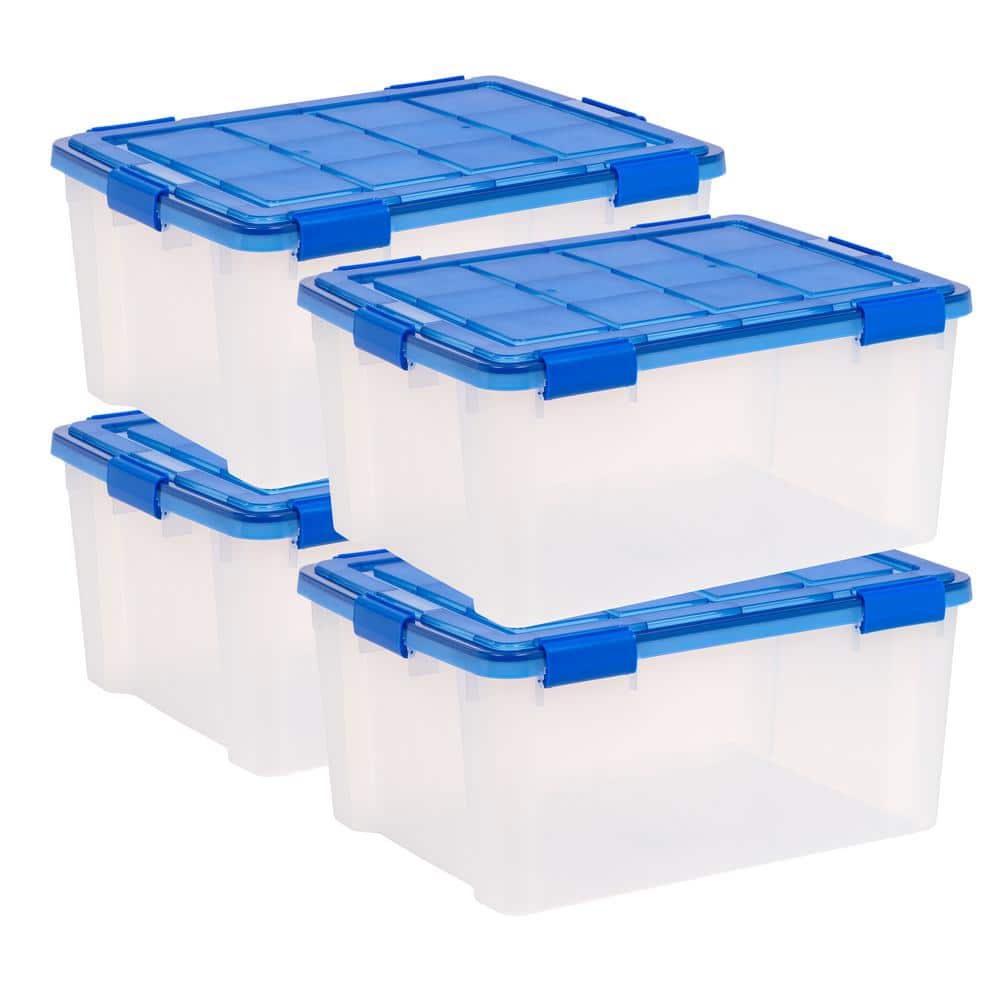 Iris USA, 15 Gallon Clear Plastic Storage Boxes with Blue Lid, Pack of 4