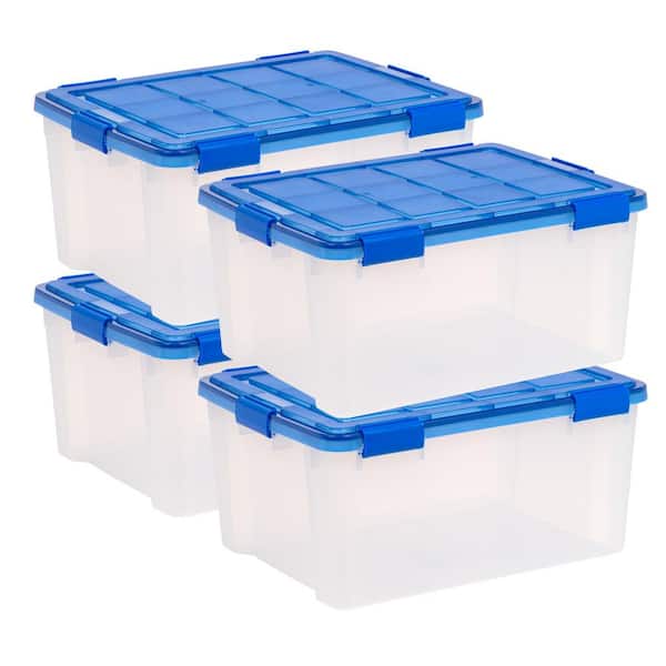 IRIS 15 Gal./60 Qt. Lockable Plastic Storage Tote, Clear with Blue Lid and Buckles (4-Pack)