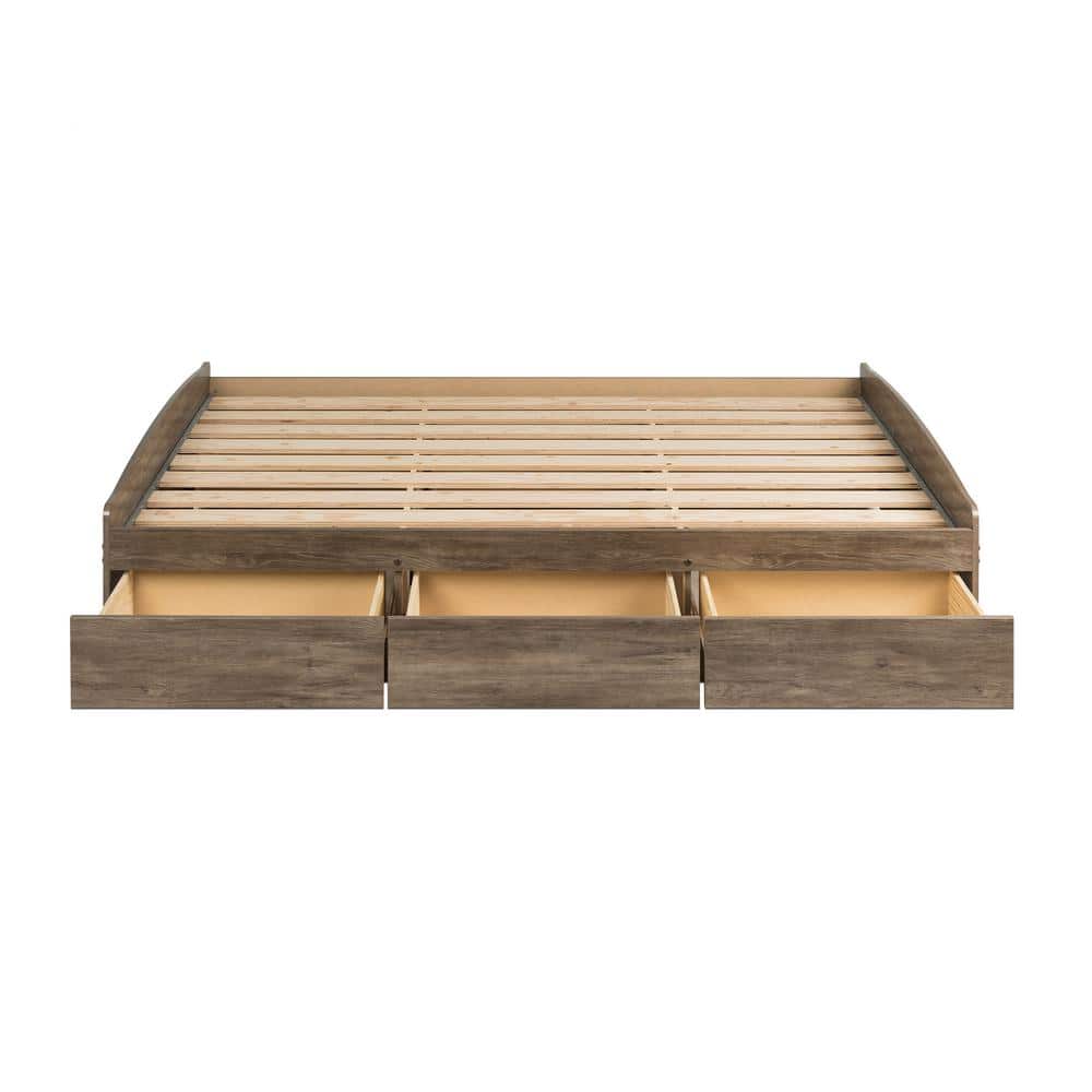 Queen Drifted Gray Wood Platform Storage Bed with 6 Drawers