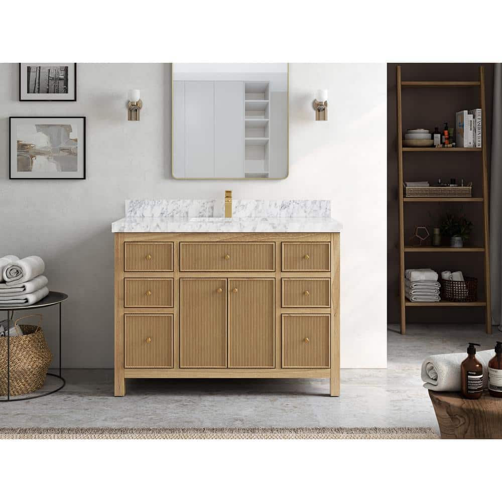48'' Light Natural Teak Single Bathroom Vanity with Carrara Marble Top