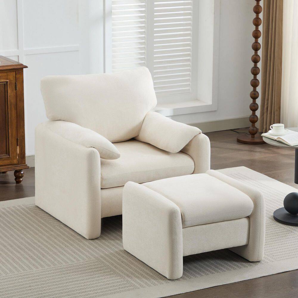 36.41 in. Beige Comfy Oversized Chenille Accent Arm Chair with Ottoman for Living Room
