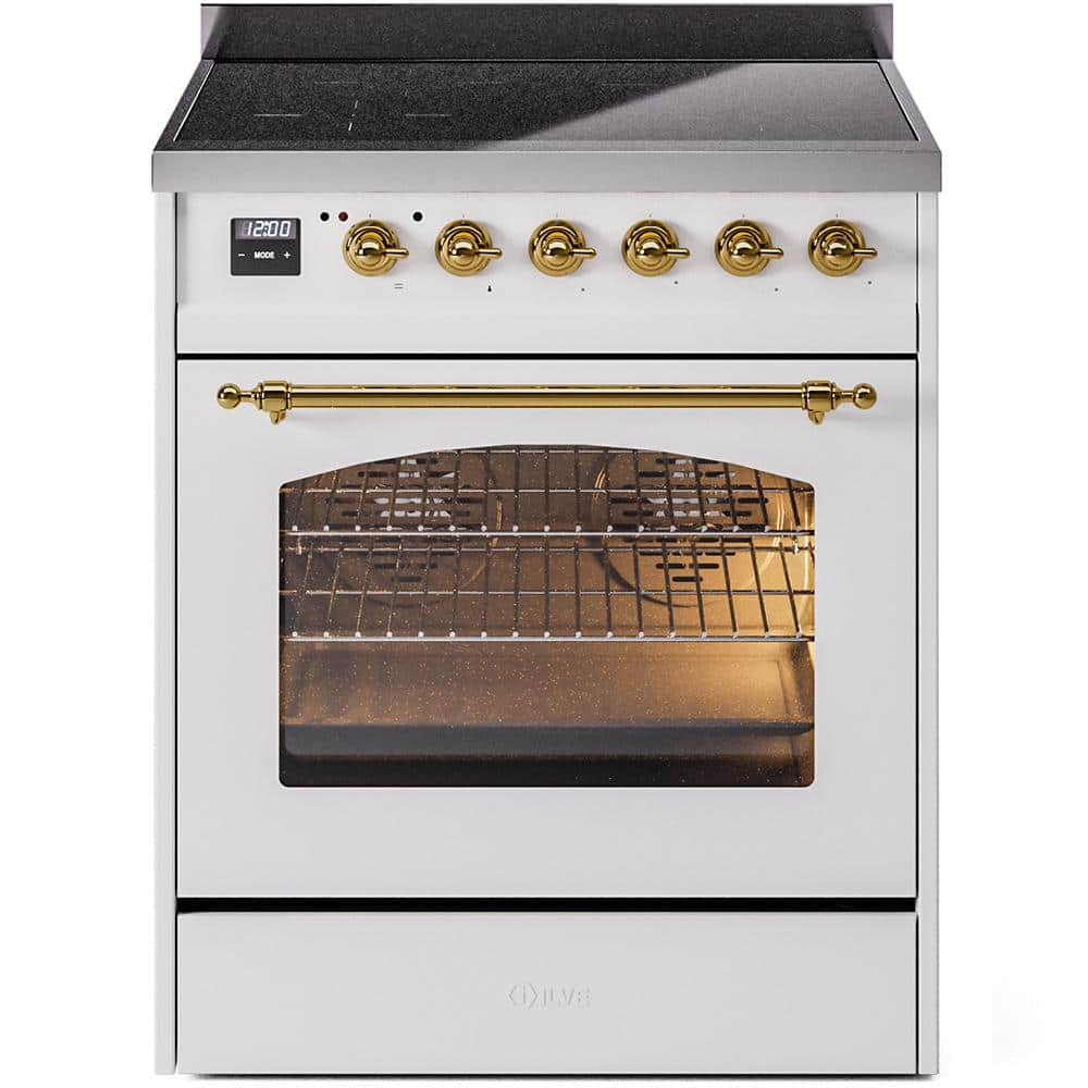 Nostalgie II 30 in. 4 Zone Freestanding Induction Range in White with Brass -  ILVE, UPI304NMPWHG