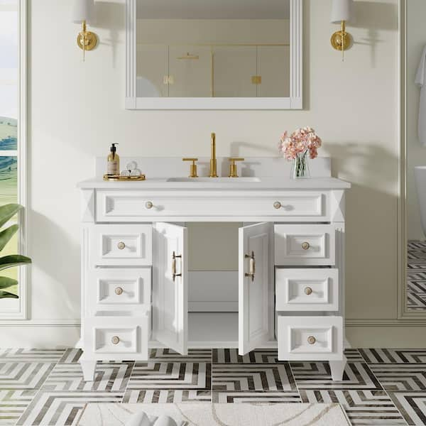 48 in. W x 22 in. D x 35 in.H Solid Wood Bath Vanity in White with Carrara White Stain-resistant Quartz Top, Single Sink