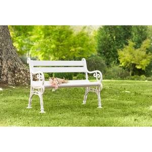 42 in. White Plastic Outdoor Garden Bench with Scroll Arms