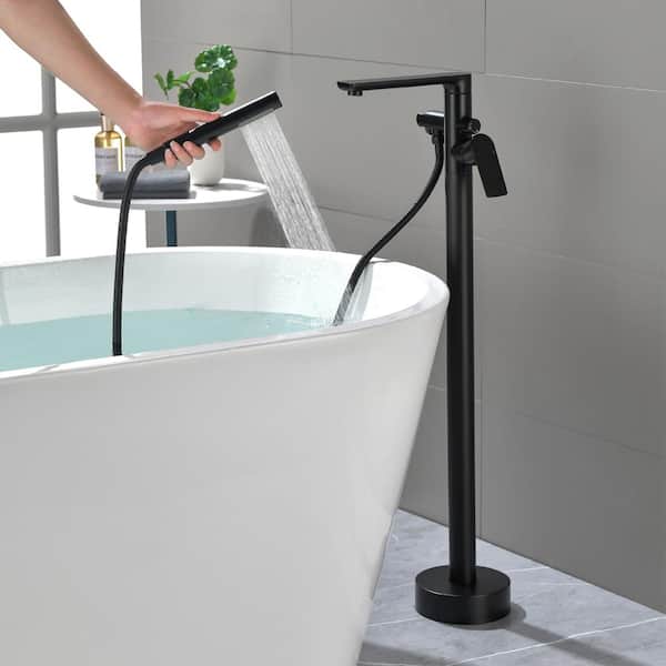 UKISHIRO Kafir Singe Handle Floor Mount Freestanding Bathtub Faucet Filer with Hand Shower in Matte Black