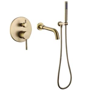 2-Handle Wall Mount Roman Tub Faucet with Hand Shower in Brushed Gold