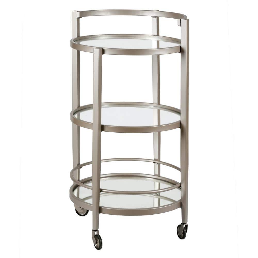 Satin Nickel Round Bar Cart with Glass Shelves