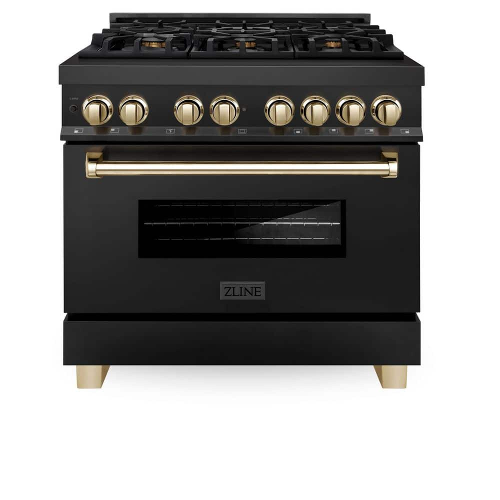 ZLINE Kitchen and Bath Autograph Edition 36 in. 6 Burner Dual Fuel Range in Black Stainless Steel and Polished Gold