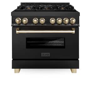 Autograph Edition 36 in. 6 Burner Dual Fuel Range in Black Stainless Steel and Polished Gold