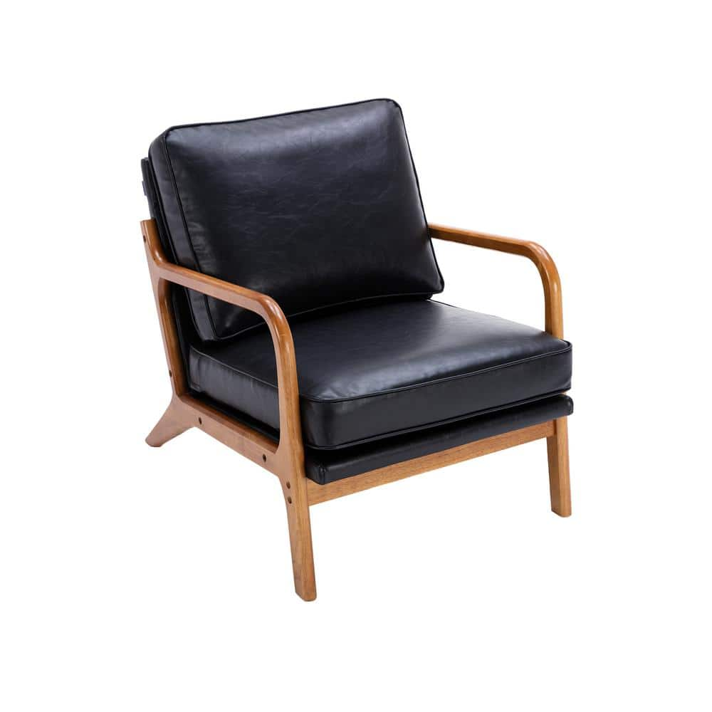 PU Leather Armchair,Wood Leisure Chair,Single Sofa Chair with Backrest ,Cushion,Living Room Bedroom Reading Chair,Black -  ANBAZAR, WJZ-138A