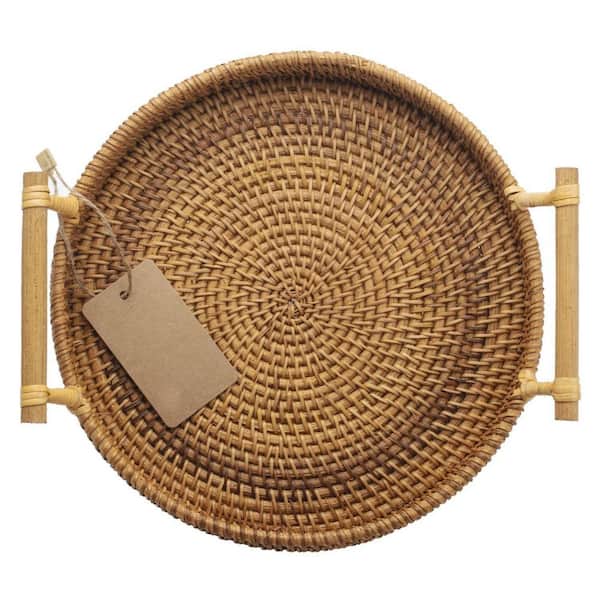 Natural Rattan Round Woven Serving Tray Bread Basket with Handles for Dinner Parties Coffee Breakfast (1-Piece Set)