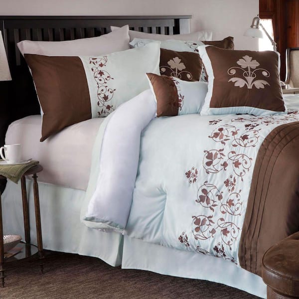 Lavish Home Hannah 7-Piece Brown Embroidered Queen Comforter Set