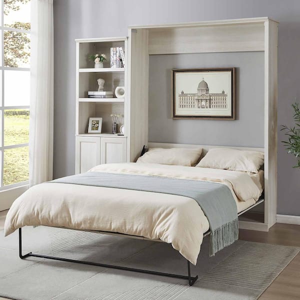 Rustic White Wood Frame Queen Murphy Bed with 1 Side Cabinet Storage Shelf, Cabinet Space-Saving Bed