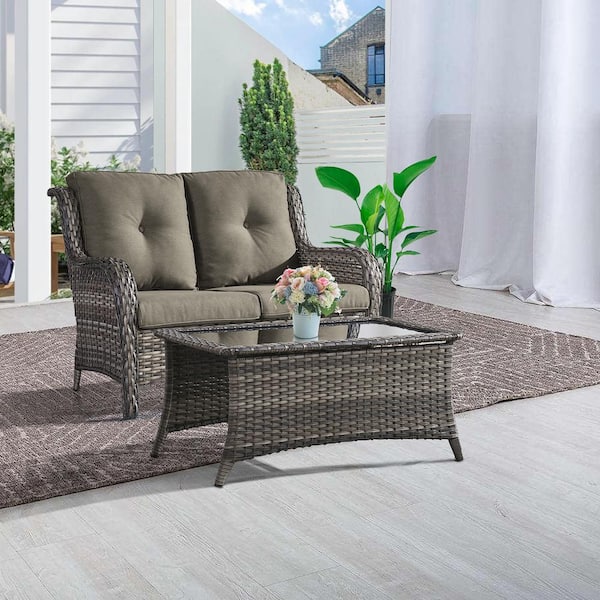 Opohoro ArcoBay 2-Piece Gray Wicker Outdoor Loveseats Patio Conversation Set with Gray Cushions and Coffee Table