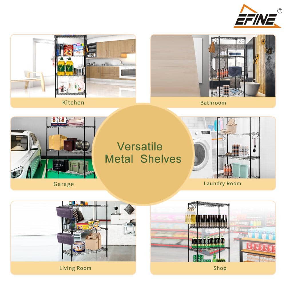 Black Carbon Steel 4-Tier Utility Shelving Unit with Hooks