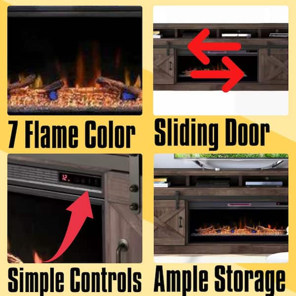 93 in. TV Stand with 42 in. Electric Fireplace Insert, Barnwood Finish, Sliding Barn Doors, Heats up to 400 Sq. Ft.