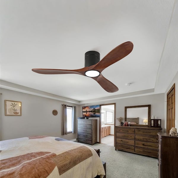 Modern 52 in. Black 3 Wood Blades Flush Mount Ceiling Fan with LED Light and Remote Included
