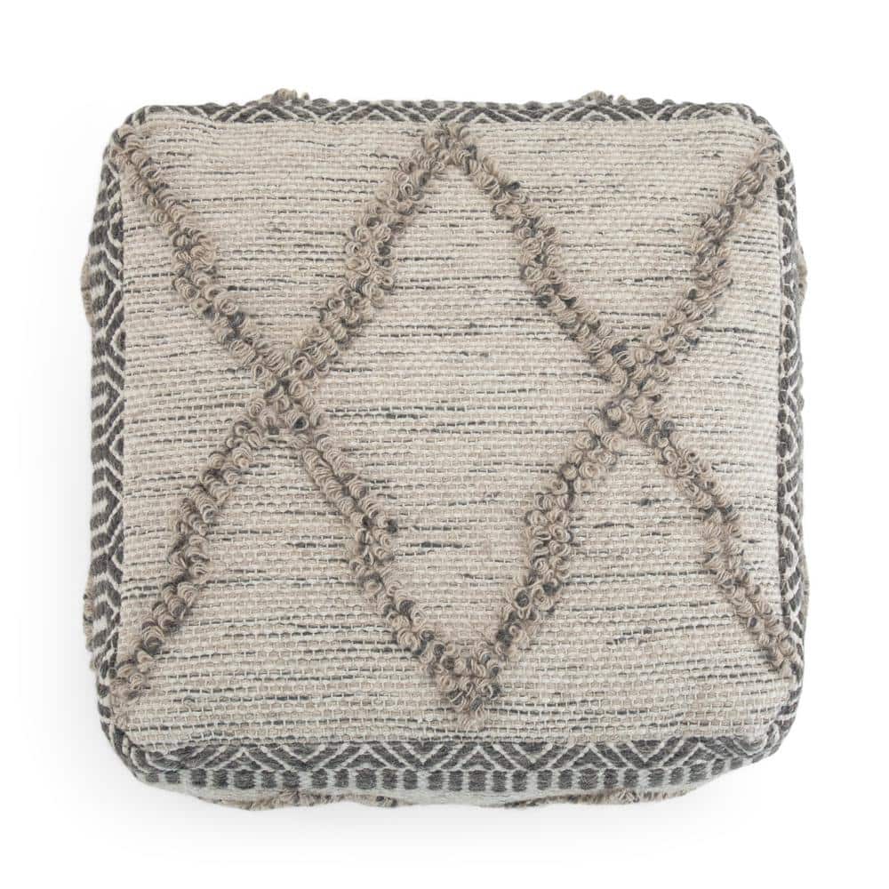 Sweeney Boho Handloom Woven Wool-Cotton Square Pouf in Grey Natural