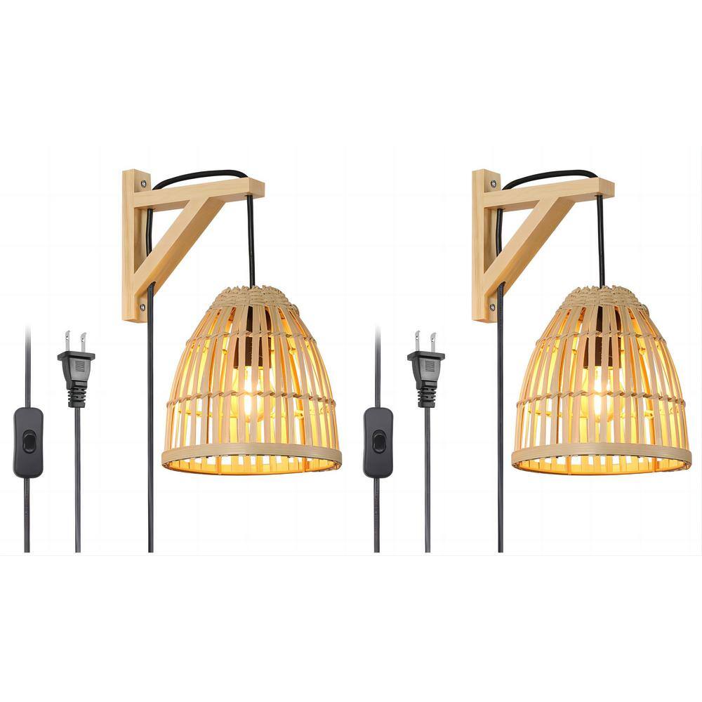 6 in. 1-Light Beige Rattan Bamboo Woven Wall Sconce (2-Pack)