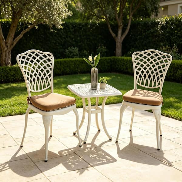 3-Piece Metal Outdoor Bistro Set Patio Table and Chairs Outdoor Furniture Set with Cushion in Brown