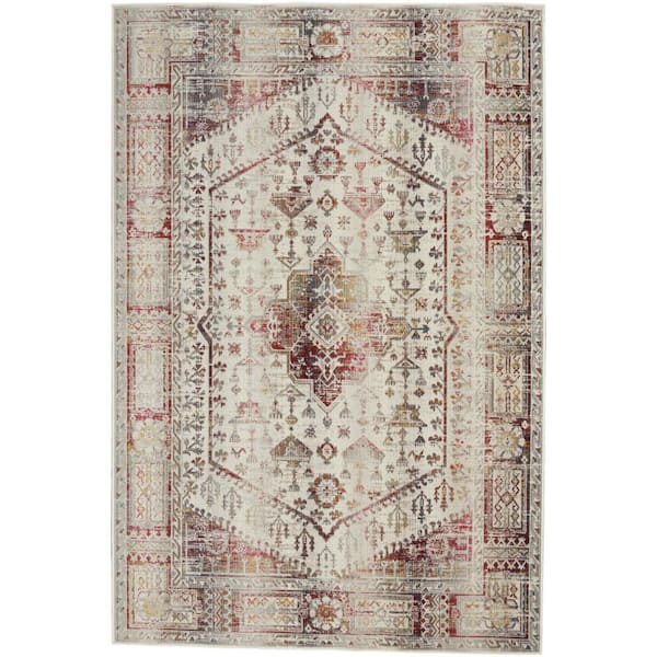 5 ft. x 8 ft. Ivory Red And Orange Floral Distressed Area Rug