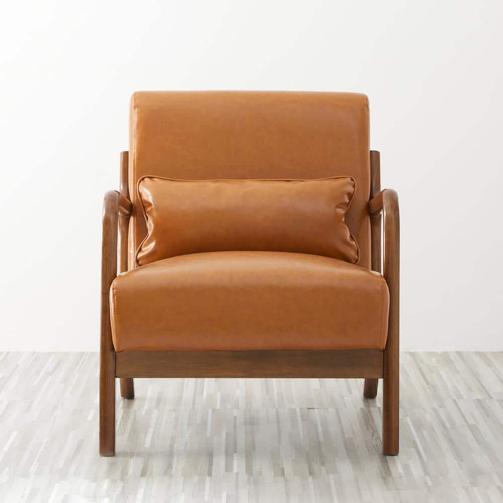 Glitzhome 30 in. Mid-Century Modern Yellow Brown Faux Leather Arm