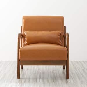 30 in. Mid-Century Modern Yellow Brown Faux Leather Arm Chair with Walnut Ruberwood Frame