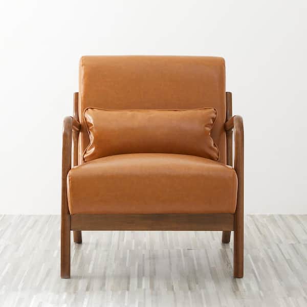 Glitzhome 30 in. Mid-Century Modern Yellow Brown Faux Leather Arm Chair with Walnut Ruberwood Frame