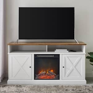 60 in. Reclaimed Barnwood and Brushed White Wood X Door TV Stand Fits TVs up to 65 in. with Electric Fireplace
