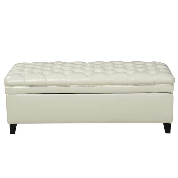 Noble House Juliana Tufted Ivory PU Leather Storage Bench