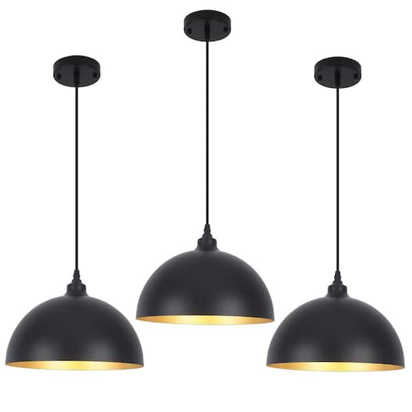 60-Watt 1-Light Modern Industrial Black Dome Shaded Pendant Light with Metal Shade, No Bulbs Included (Set of 3)
