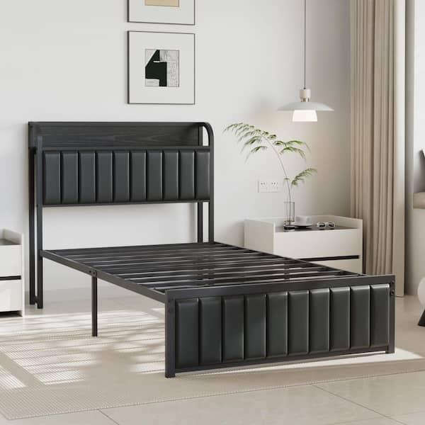 Twin Bed Frame, Black Metal Frame Platform Bed Upholstered Headboard with Storage Charging Station, Sturdy Metal Slats