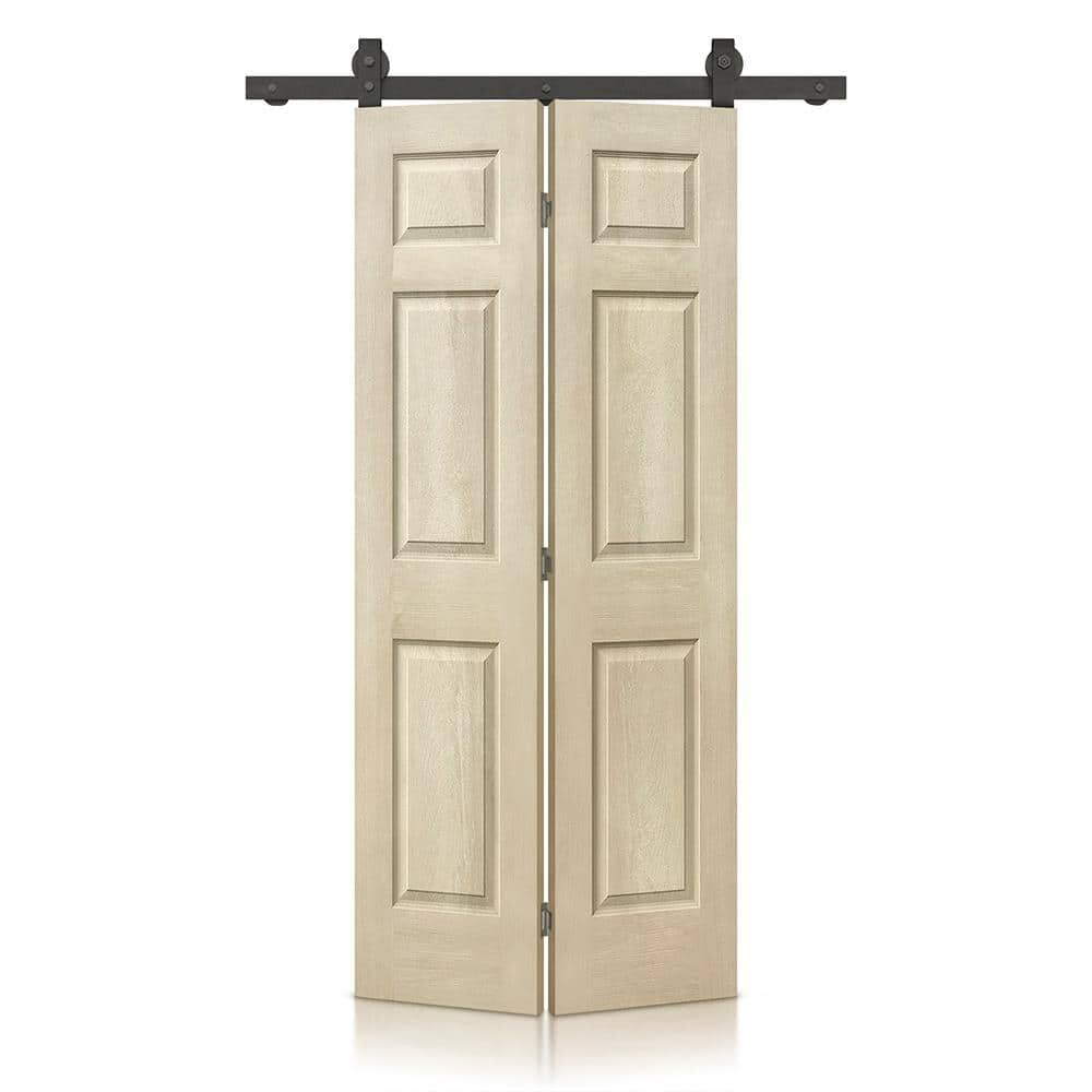 CALHOME 24 in. x 80 in. Vintage Cream Stain 6 Panel MDF Composite Hollow Core Bi-Fold Barn Door with Sliding Hardware Kit