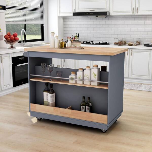 Blue Wood 46 in. Kitchen Island with Drawers, Rolling