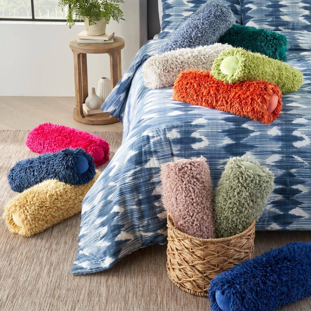 Green Shag Lumbar Throw Pillow with Polyester Fill