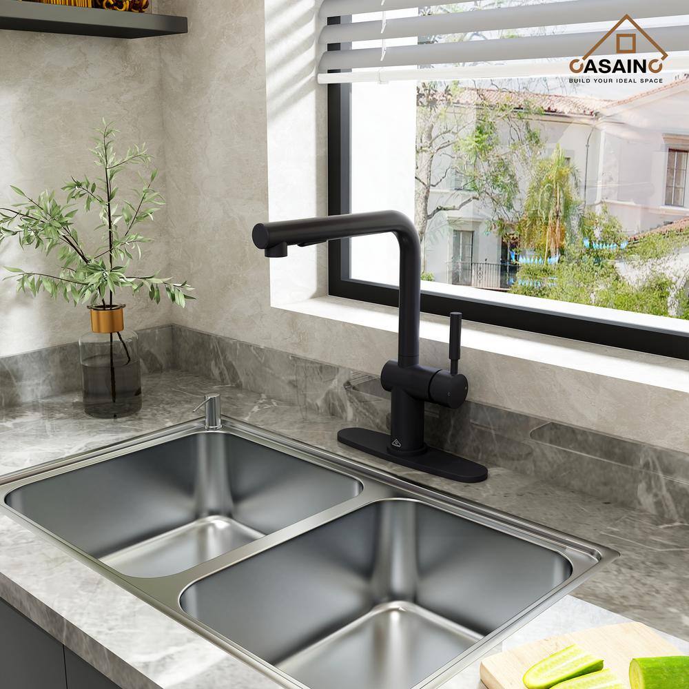 Matte Black Single-Handle Pull-Out Kitchen Faucet with Deck Plate