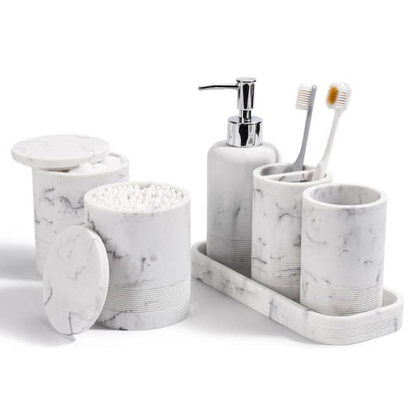 6-Piece Bath Accessory Set with Toothbrush Holders Set, Soap Dispenser, Vanity Tray, Tumbler, Cotton Swab Jars, White
