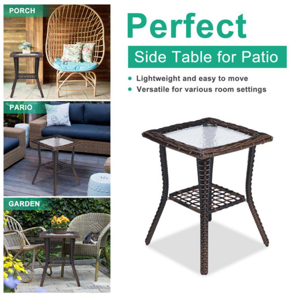 Brown Wicker and Glass Outdoor Square End Table
