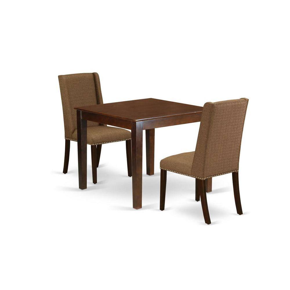 Mahogany 36'' Square Dining Table with Brown Linen Chairs