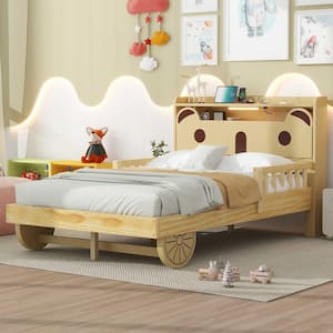 Natural Wood Full Bear-Shaped Kids Bed, Platform Bed with Hidden Storage Headboard, USB, LED Lights