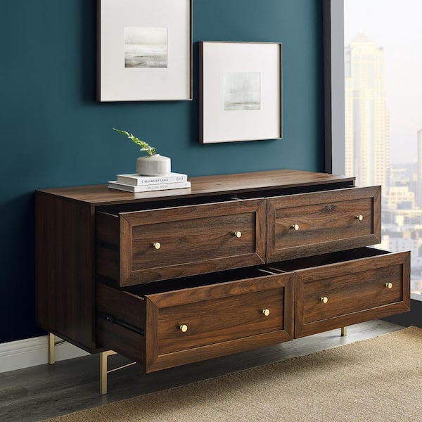 4 Drawer Dark Walnut Wood Dresser, Modern Dresser Gold Legs