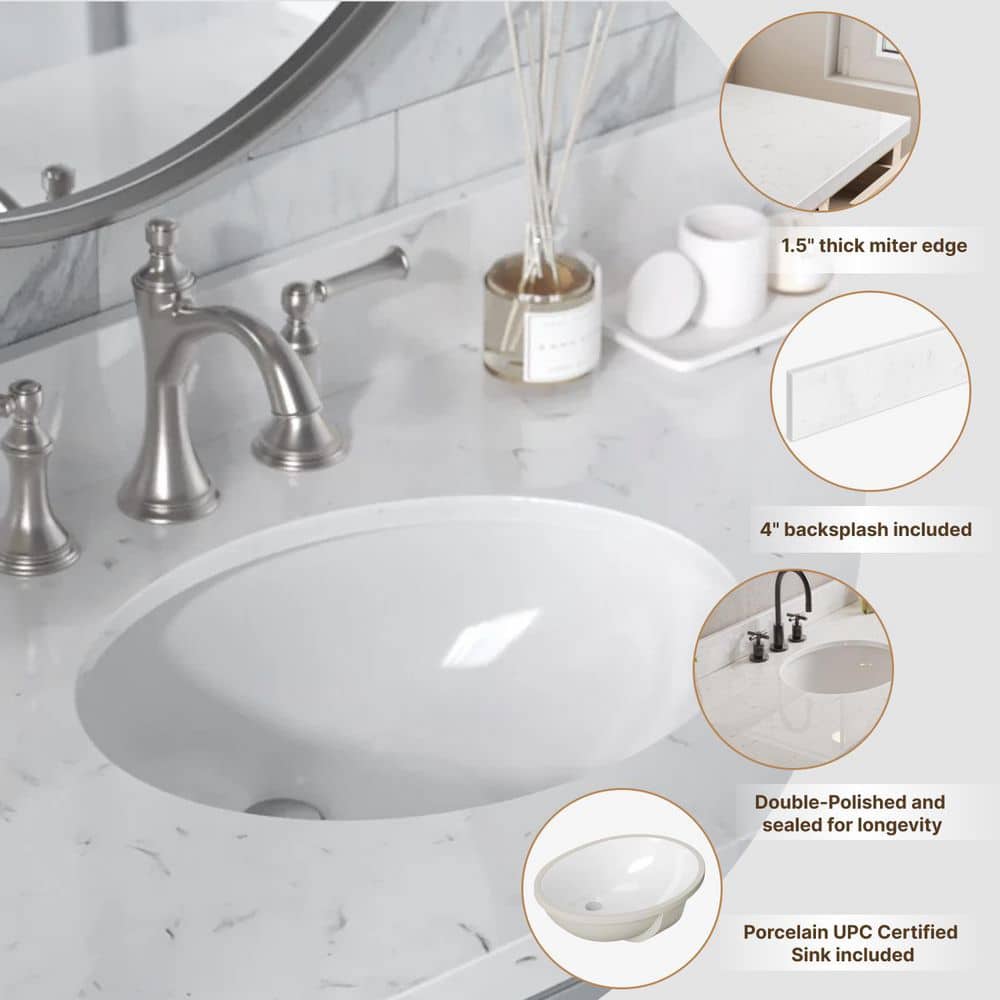 Sidmouth 42'' Solid Wood Single Bathroom Vanity with 1.5'' Carrara Quartz Top, Left Offset Oval Sink