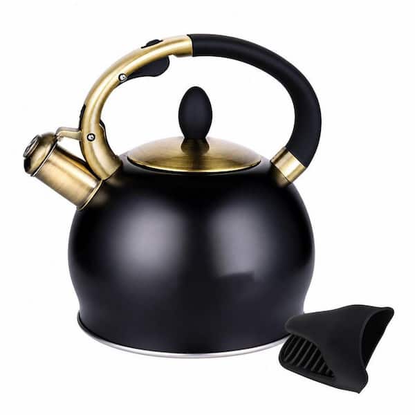 2.64 qt. Stainless Steel Stove Top Tea Kettle with Cool Touch Ergonomic Handle and 1 Silicone Pinch Mitt, 9-Cup, Black