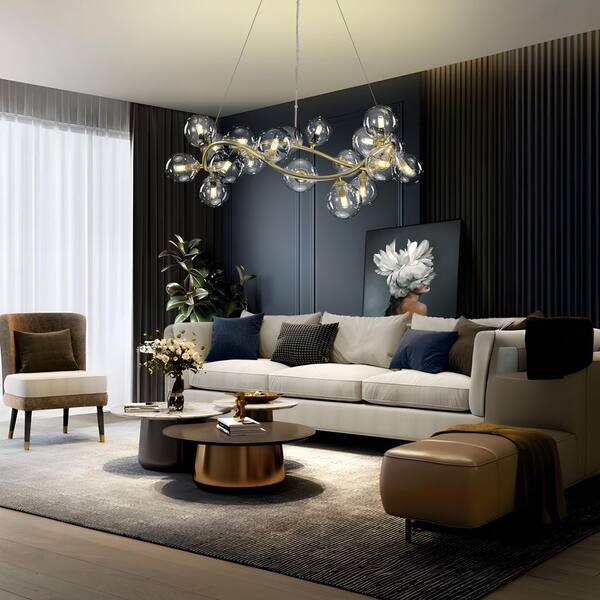 TinHon Modern 19-Light Gold Bubble Glass Chandelier, Wave-Shaped