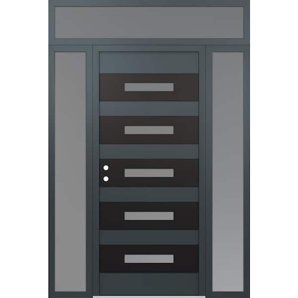 D9 64 in. x 96 in. Black P Right-Hand/Inswing Frosted Glass Anth/Anth 2 Sidelite+Transom Steel Prehung Front Door