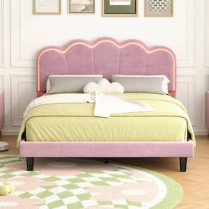 Pink Wood Frame Queen Size Velvet Upholstered Platform Bed with Elegant Flower Pattern Headboard and LED Lights